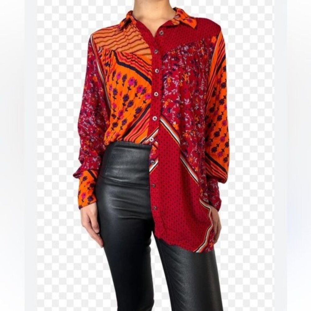 Free People Hazel Buttondown Shirt in Chili Pepper Combo XSmall